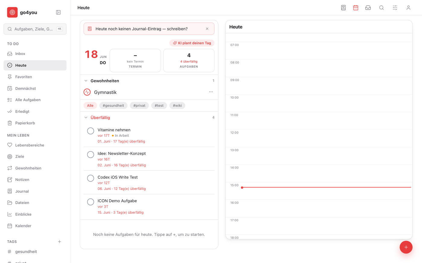 go4you Tagesansicht mit überfälligen Aufgaben, Gewohnheiten und Kalender