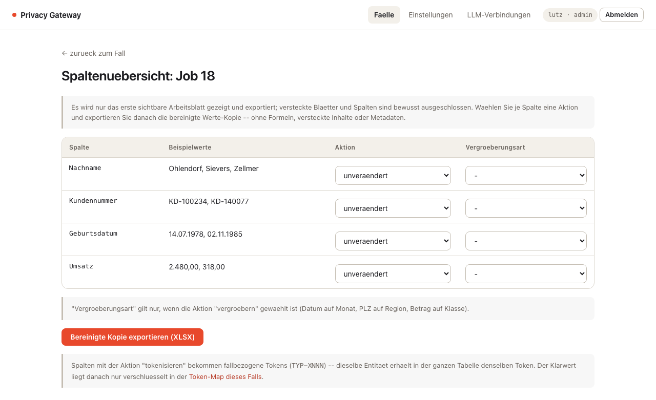 Spaltenübersicht einer hochgeladenen Tabelle mit Beispielwerten und wählbarer Aktion je Spalte