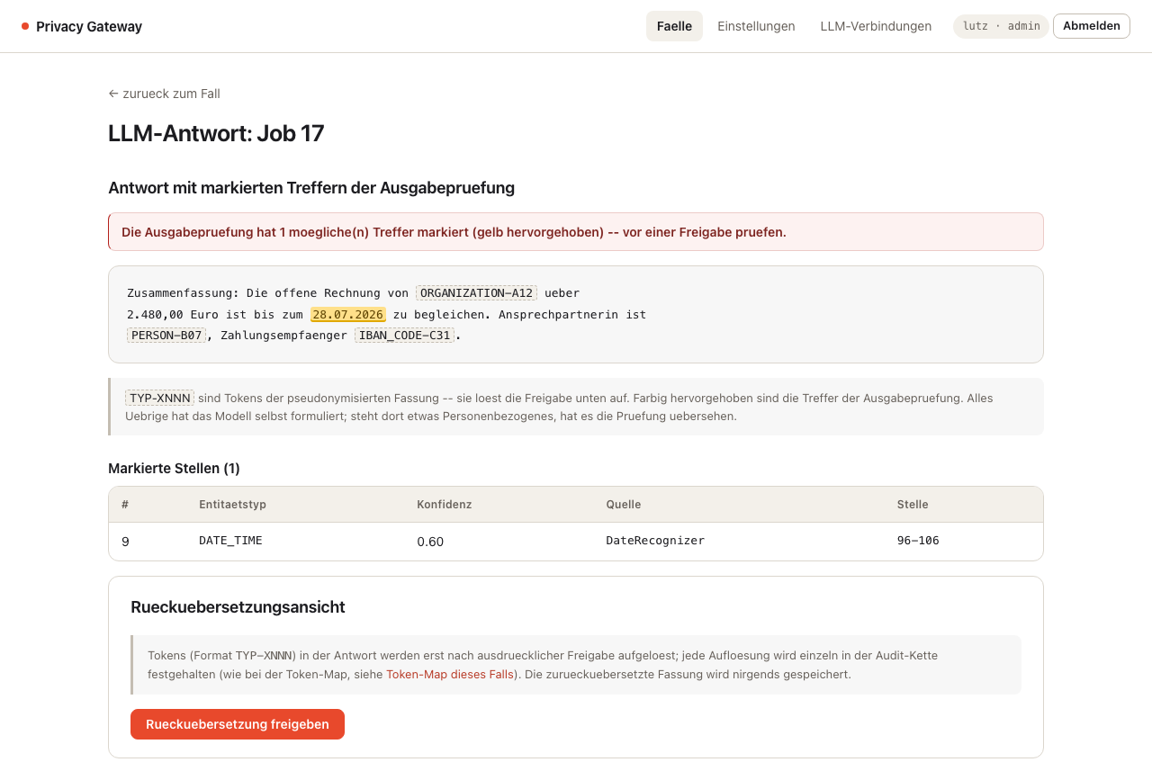 Antwort des Modells mit sichtbaren Platzhaltern vor der Rückübersetzung