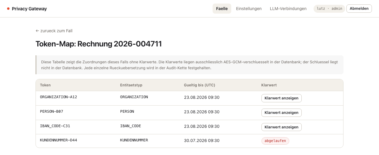 Zuordnung von Platzhaltern zu Klarwerten, fallbezogen und mit Ablaufdatum